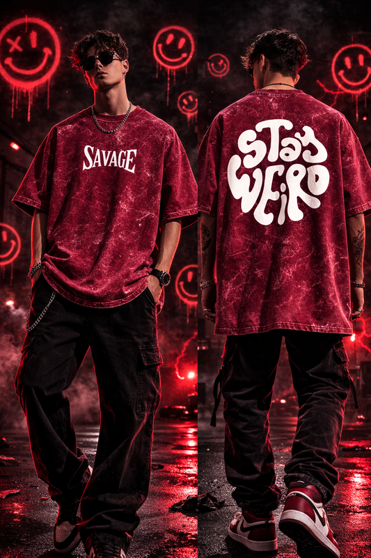 Savage State Puff Print Oversized Tee - Acid Washed Tee